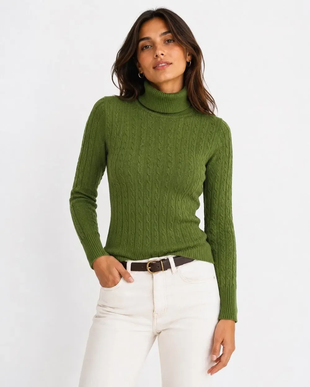 J.Crew Women’s S Green Cable Knit Turtleneck Sweater Wool Cashmere Blend Classic